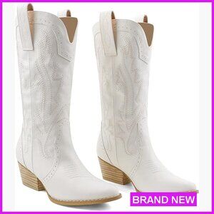 Western Cowgirl Boots Mid-Calf Pointed Toe Embroidered Chunky Heel Classic